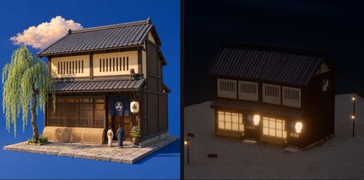 a kyoto machiya townhouse by day and lit at night